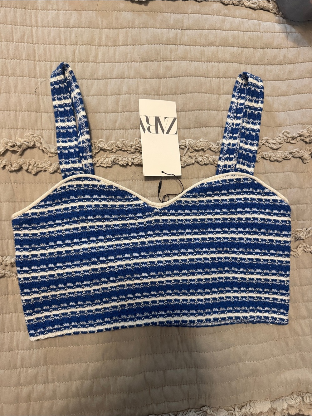 Zara Blue and White Striped Cropped Tank Top